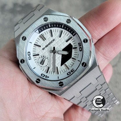 Casioak Mod Watch NEW Silver Case Metal Strap Silver Time Mark White Dial 44mm Sapphire Glass - Casioak Studio
