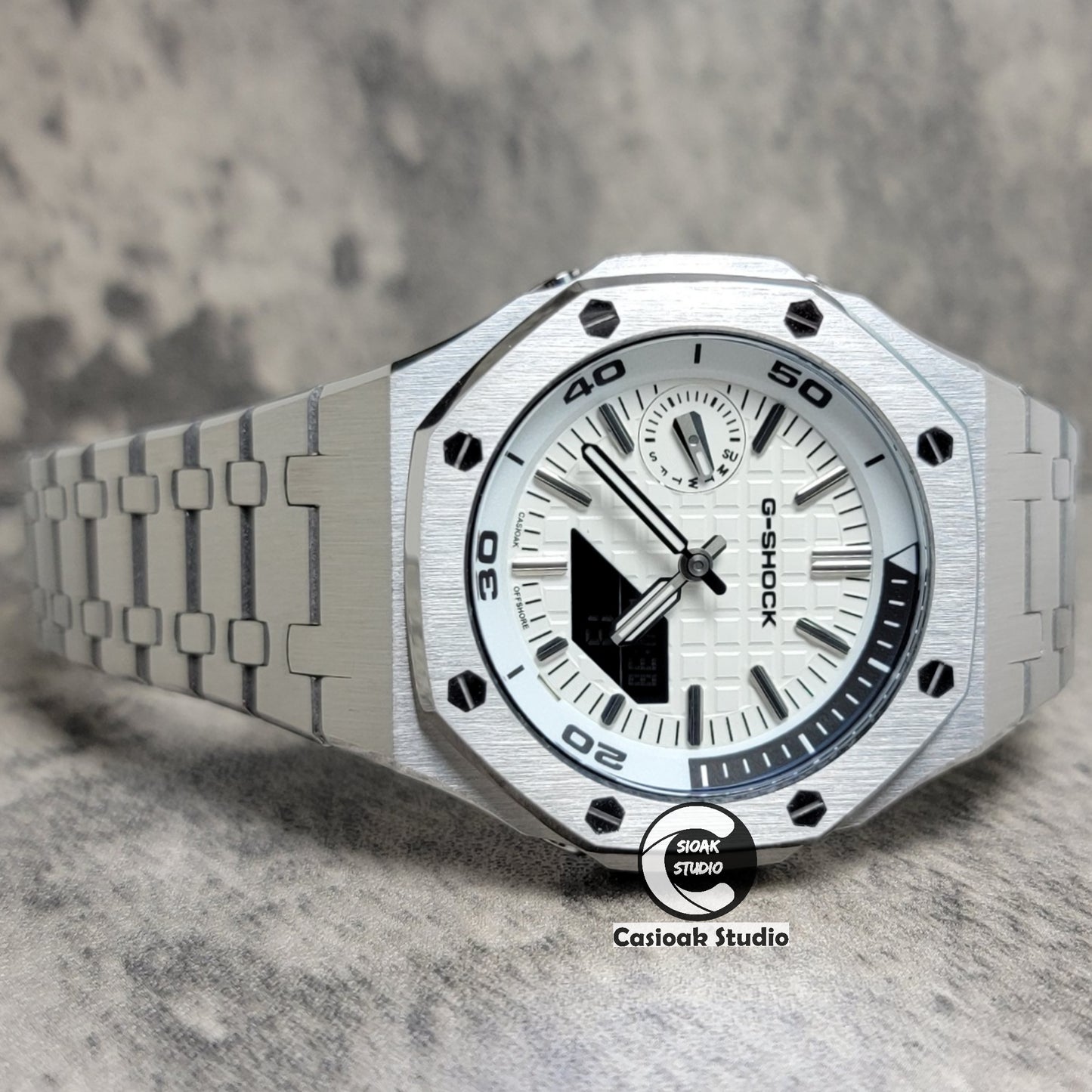 Casioak Mod Watch NEW Silver Case Metal Strap Silver Time Mark White Dial 44mm Sapphire Glass - Casioak Studio