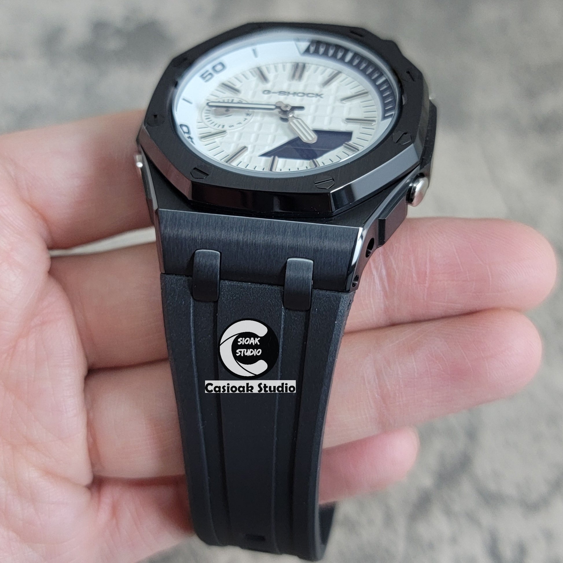 Casioak Mod Watch NEW Offshore Superior Black Case Black Rubber Strap White Time Mark White Dial 44mm Sapphire Glass - Casioak Studio