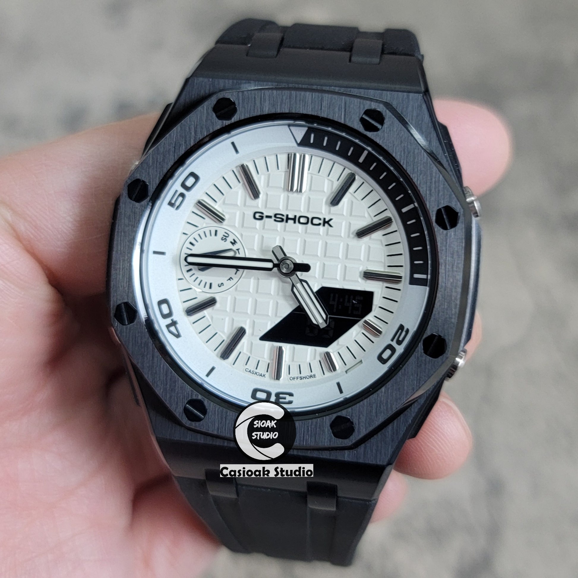 Casioak Mod Watch NEW Offshore Superior Black Case Black Rubber Strap White Time Mark White Dial 44mm Sapphire Glass - Casioak Studio