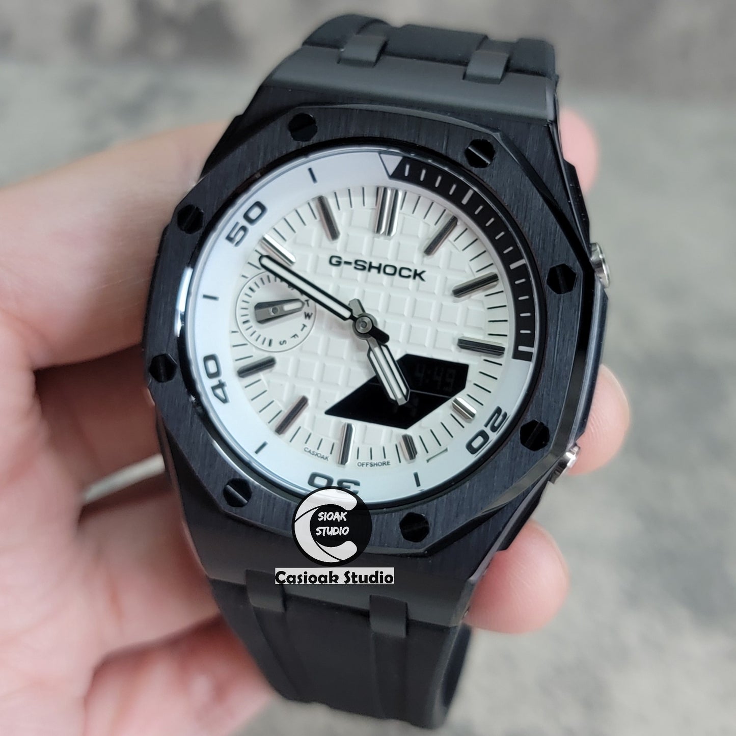 Casioak Mod Watch NEW Offshore Superior Black Case Black Rubber Strap White Time Mark White Dial 44mm Sapphire Glass - Casioak Studio