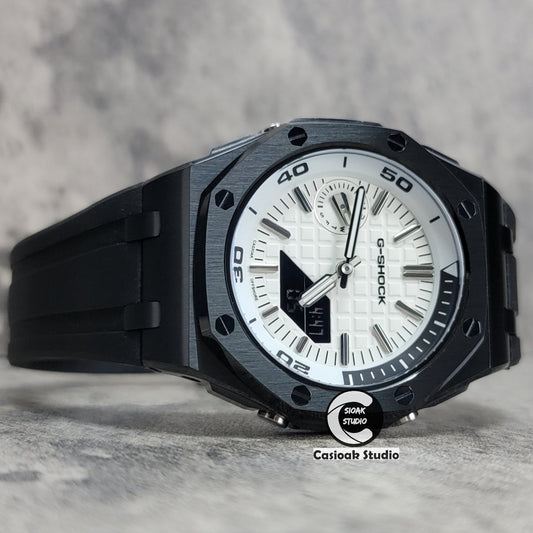 Casioak Mod Watch NEW Offshore Superior Black Case Black Rubber Strap White Time Mark White Dial 44mm Sapphire Glass