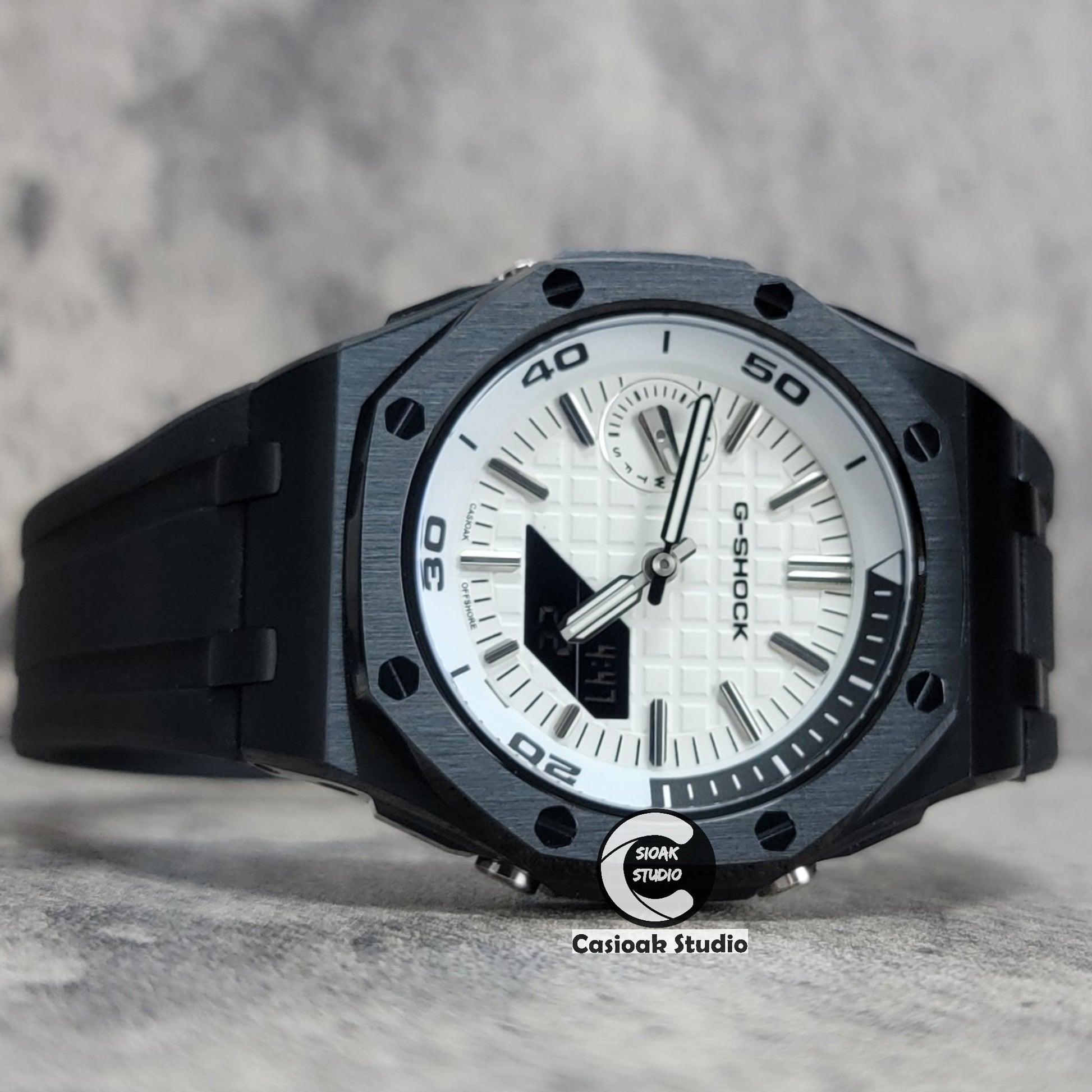 Casioak Mod Watch NEW Offshore Superior Black Case Black Rubber Strap White Time Mark White Dial 44mm Sapphire Glass - Casioak Studio