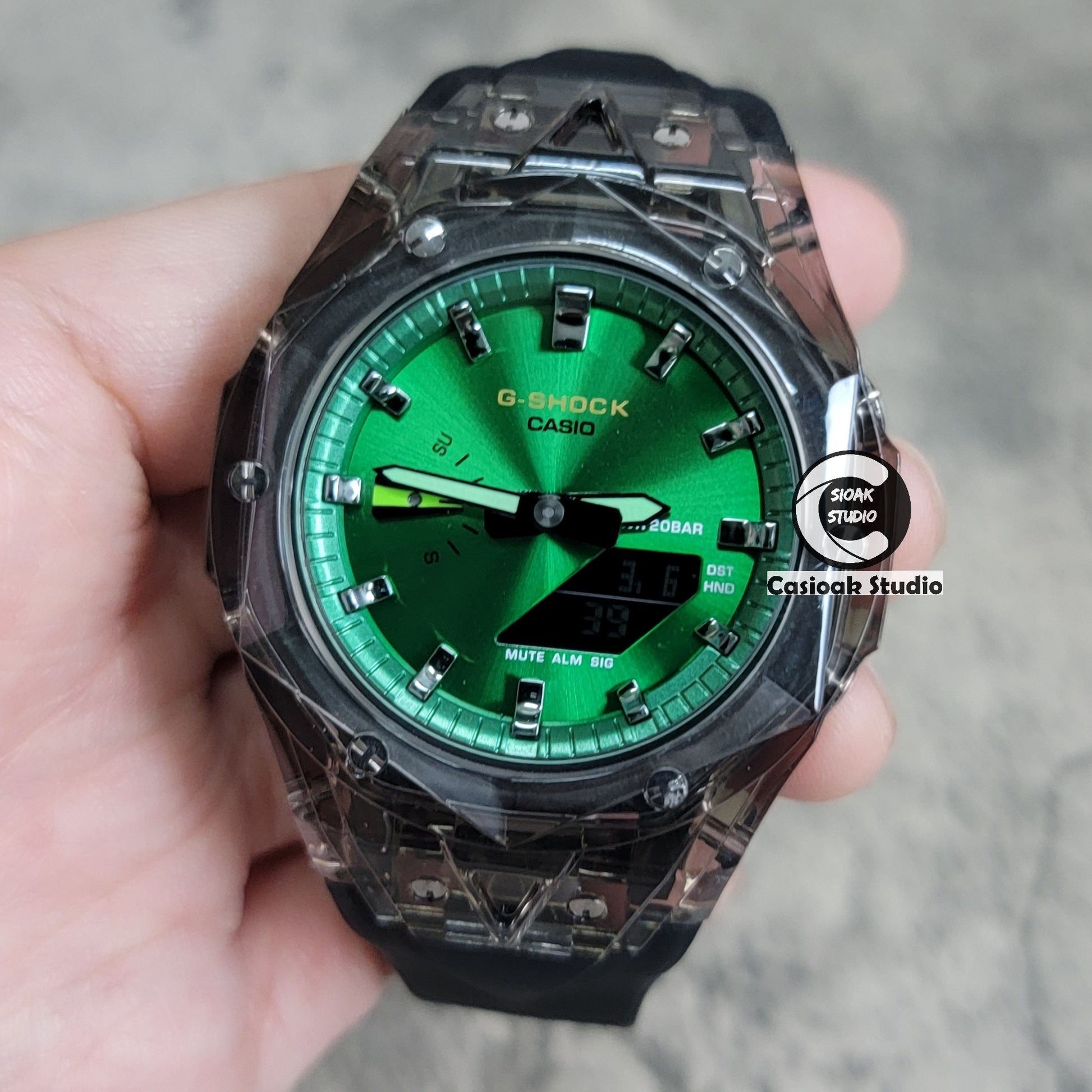 Casioak Mod Watch Black Transparent Case Black Strap Green Gunmetal Time Mark Green Dial 44mm - Casioak Studio