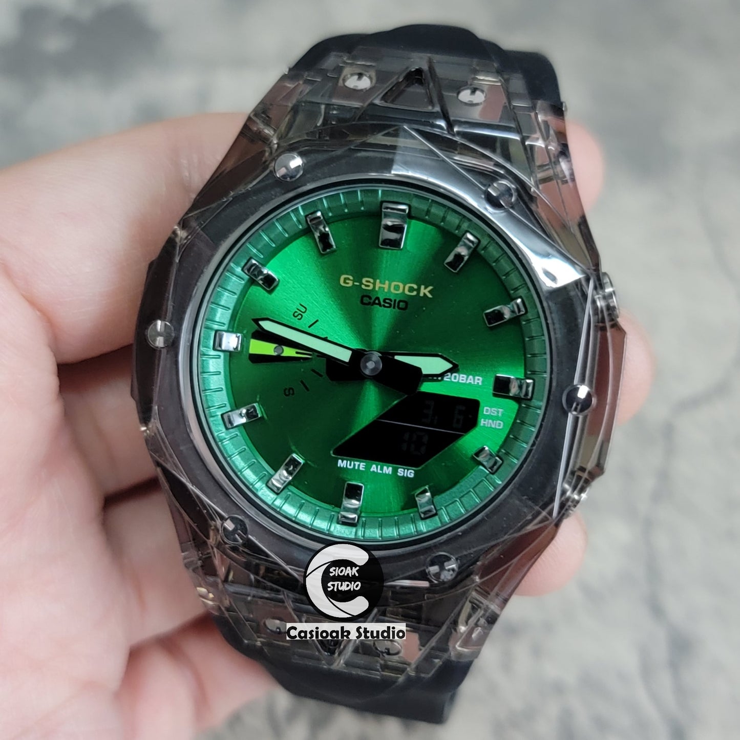 Casioak Mod Watch Black Transparent Case Black Strap Green Gunmetal Time Mark Green Dial 44mm - Casioak Studio