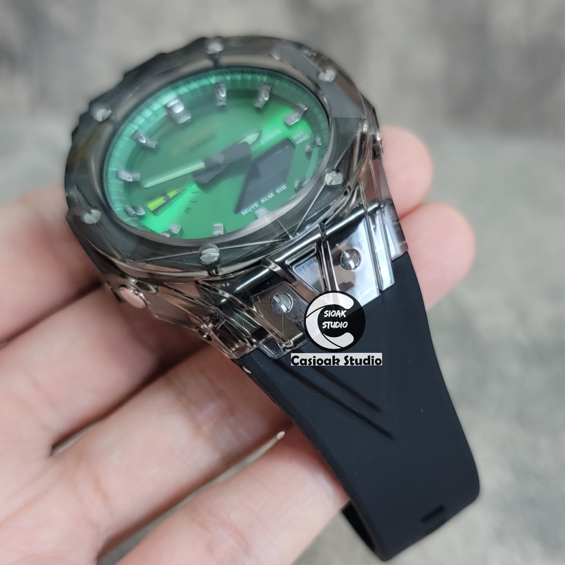 Casioak Mod Watch Black Transparent Case Black Strap Green Gunmetal Time Mark Green Dial 44mm - Casioak Studio