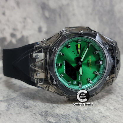 Casioak Mod Watch Black Transparent Case Black Strap Green Gunmetal Time Mark Green Dial 44mm - Casioak Studio