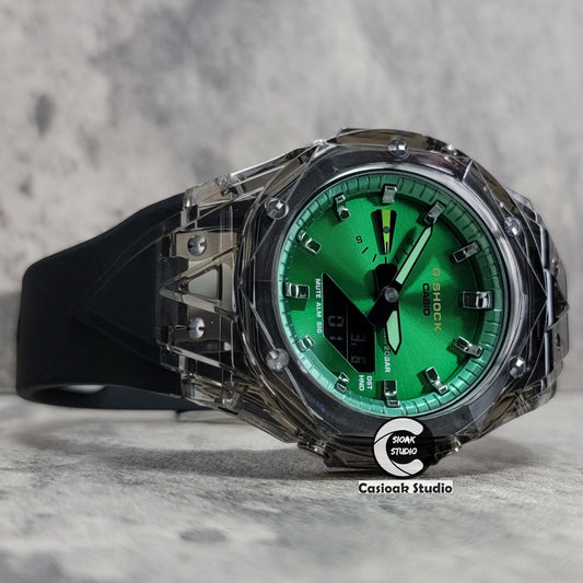 Casioak Mod Watch Black Transparent Case Black Strap Green Gunmetal Time Mark Green Dial 44mm