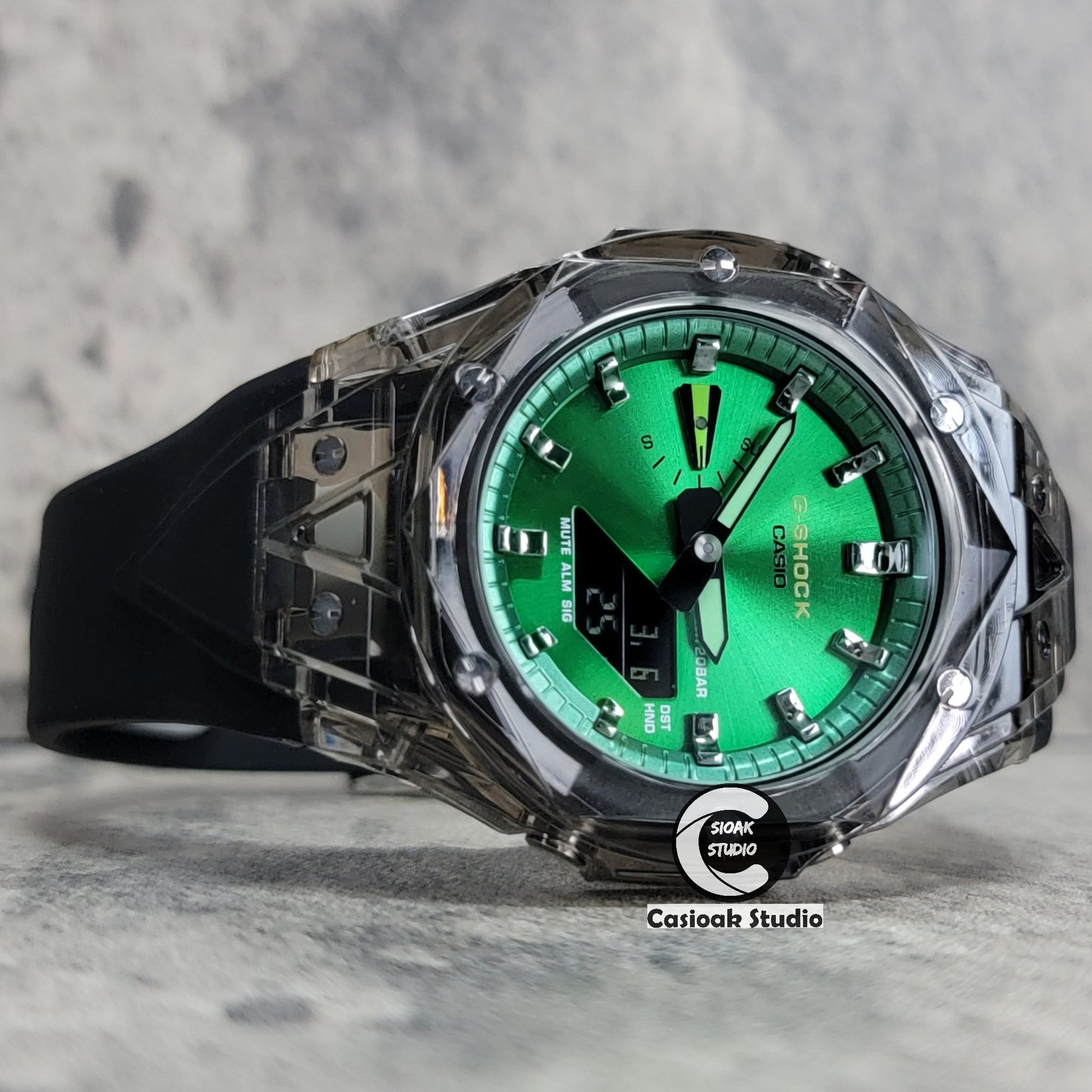 Casioak Mod Watch Black Transparent Case Black Strap Green Gunmetal Time Mark Green Dial 44mm - Casioak Studio