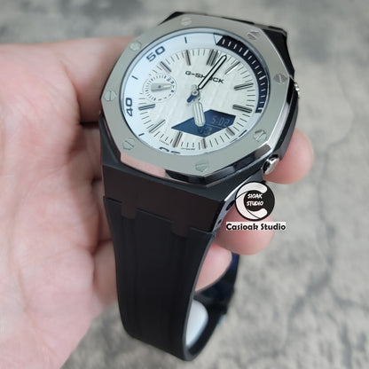 Casioak Mod Watch New Silver Black Case Black Rubber Strap Silver Time Mark White Dial 44mm Sapphire Glass - Casioak Studio