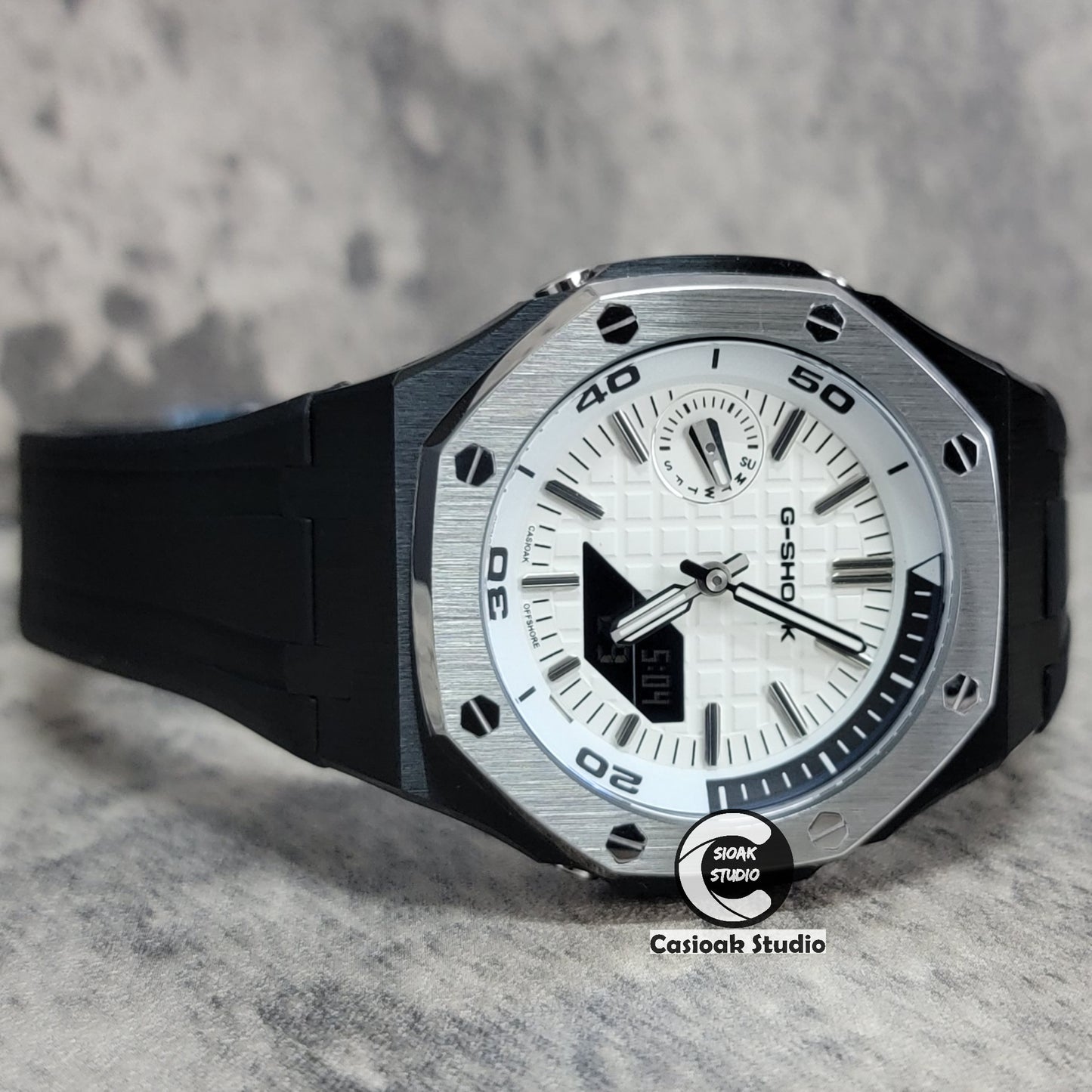 Casioak Mod Watch New Silver Black Case Black Rubber Strap Silver Time Mark White Dial 44mm Sapphire Glass - Casioak Studio