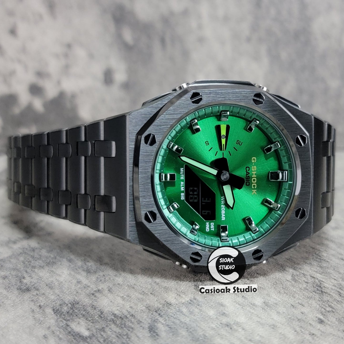 Casioak Mod Watch Offshore Superior Gray Case Metal Strap Green Gray Time Mark Green Dial 44mm - Casioak Studio