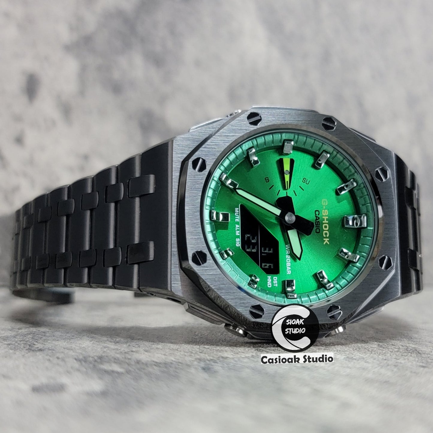 Casioak Mod Watch Offshore Superior Gray Case Metal Strap Green Gray Time Mark Green Dial 44mm - Casioak Studio