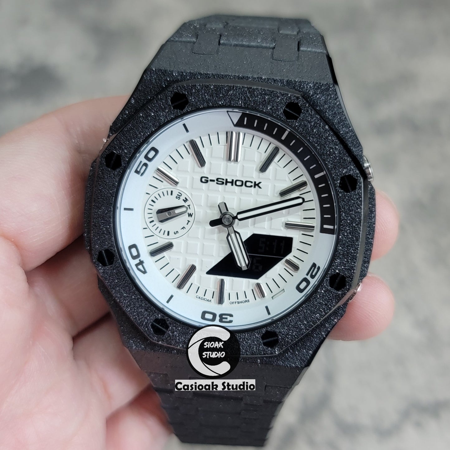 Casioak Mod Watch NEW Frosted Black Case Metal Strap Silver Time Mark White Dial 44mm Sapphire Glass - Casioak Studio