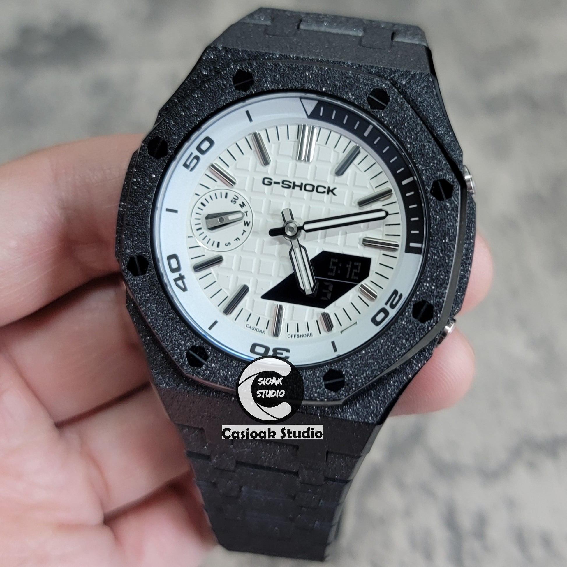 Casioak Mod Watch NEW Frosted Black Case Metal Strap Silver Time Mark White Dial 44mm Sapphire Glass - Casioak Studio