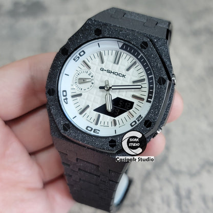Casioak Mod Watch NEW Frosted Black Case Metal Strap Silver Time Mark White Dial 44mm Sapphire Glass - Casioak Studio