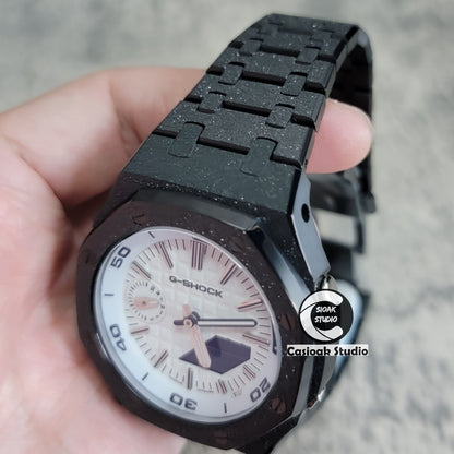 Casioak Mod Watch NEW Frosted Black Case Metal Strap Silver Time Mark White Dial 44mm Sapphire Glass - Casioak Studio