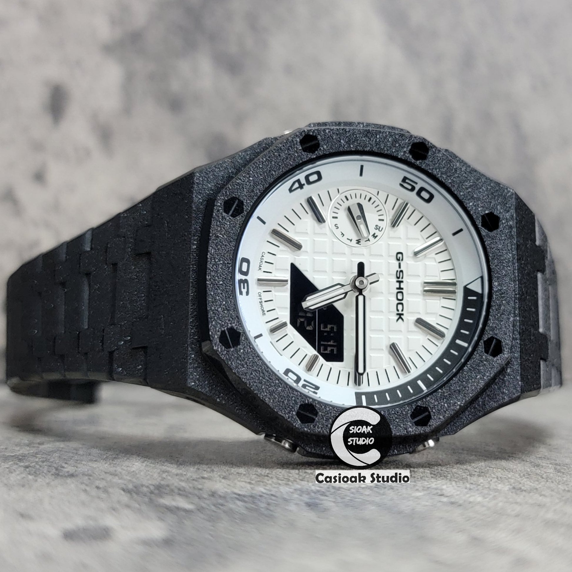 Casioak Mod Watch NEW Frosted Black Case Metal Strap Silver Time Mark White Dial 44mm Sapphire Glass - Casioak Studio