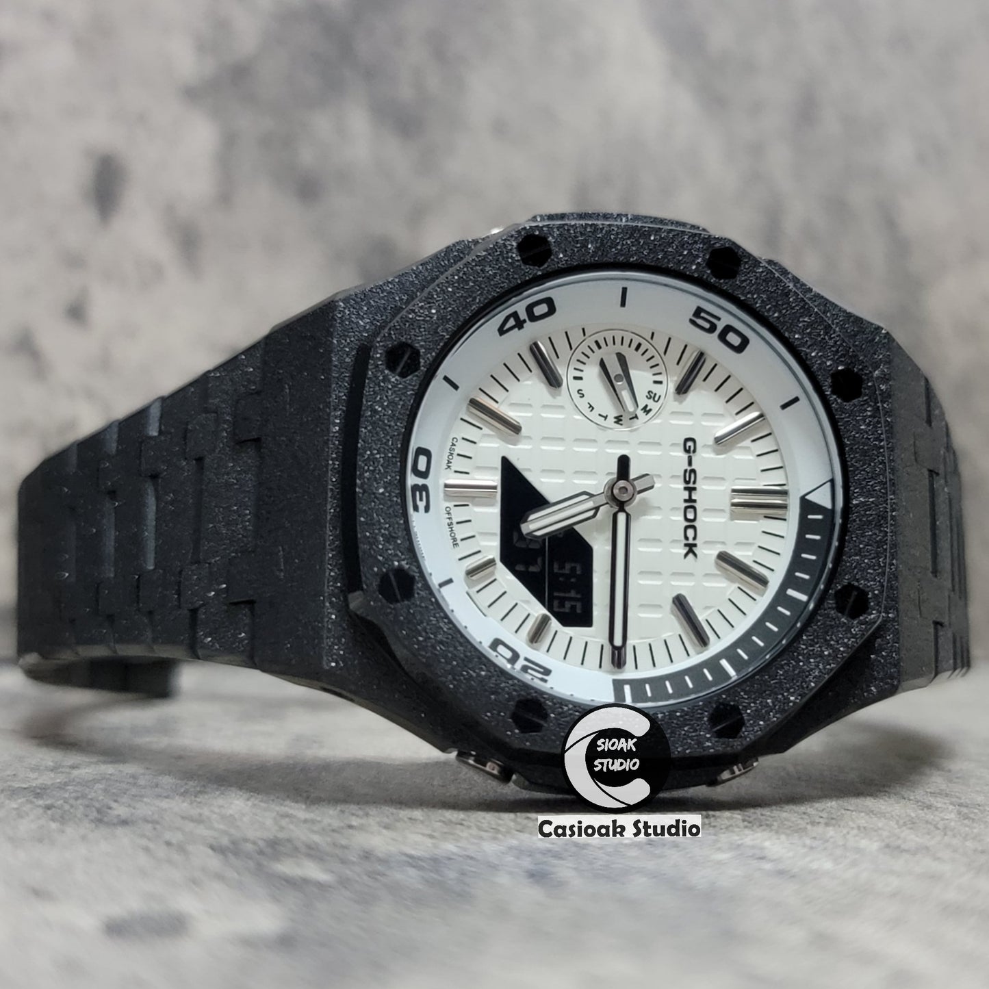 Casioak Mod Watch NEW Frosted Black Case Metal Strap Silver Time Mark White Dial 44mm Sapphire Glass - Casioak Studio