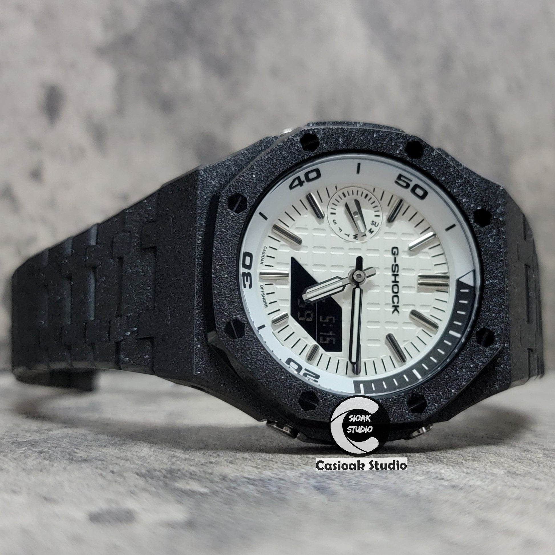 Casioak Mod Watch NEW Frosted Black Case Metal Strap Silver Time Mark White Dial 44mm Sapphire Glass - Casioak Studio