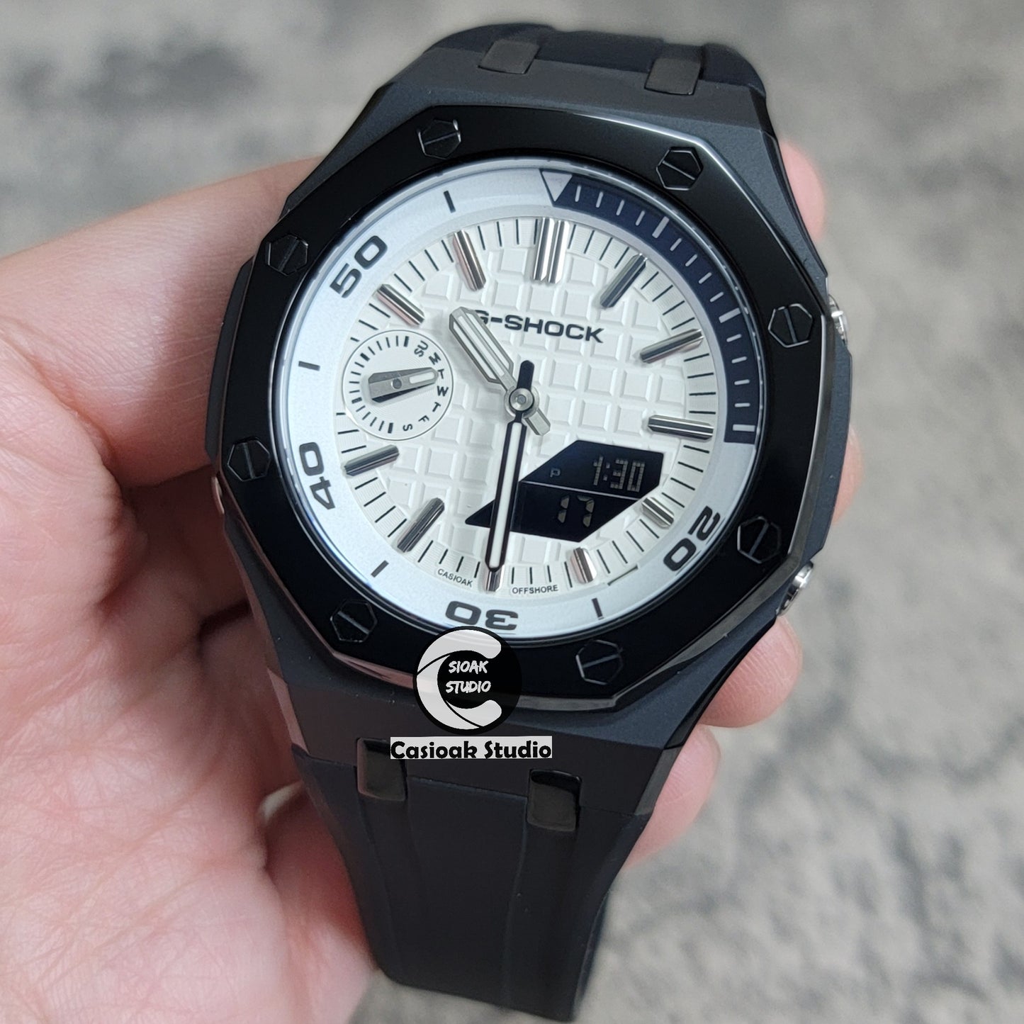 Casioak Mod Watch NEW Polished Black Case Black Strap Silver Time Mark White Dial 44mm Sapphire Glass - Casioak Studio