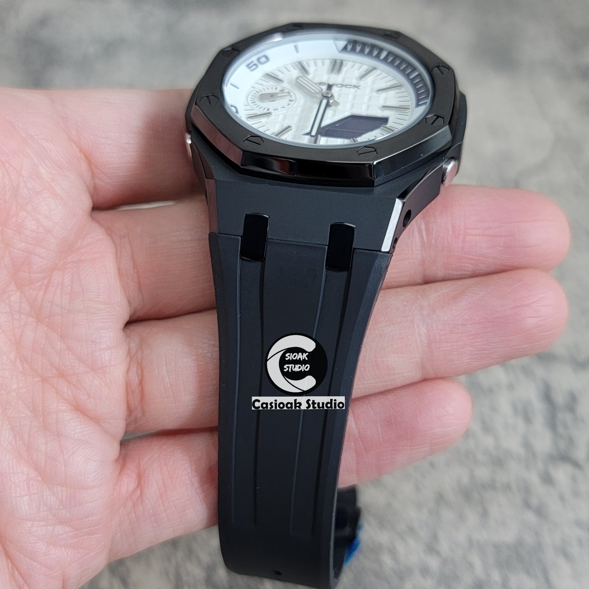 Casioak Mod Watch NEW Polished Black Case Black Strap Silver Time Mark White Dial 44mm Sapphire Glass - Casioak Studio