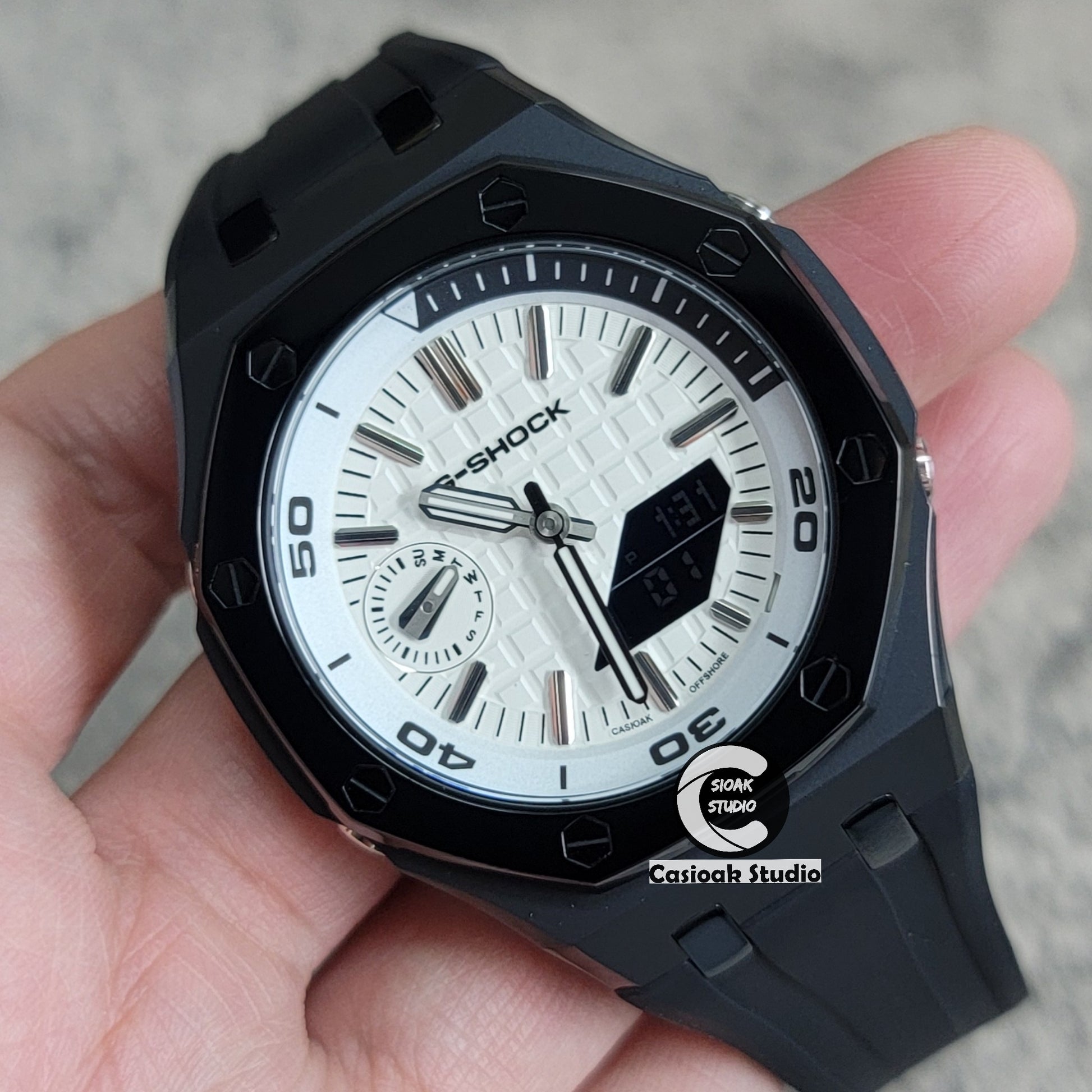 Casioak Mod Watch NEW Polished Black Case Black Strap Silver Time Mark White Dial 44mm Sapphire Glass - Casioak Studio