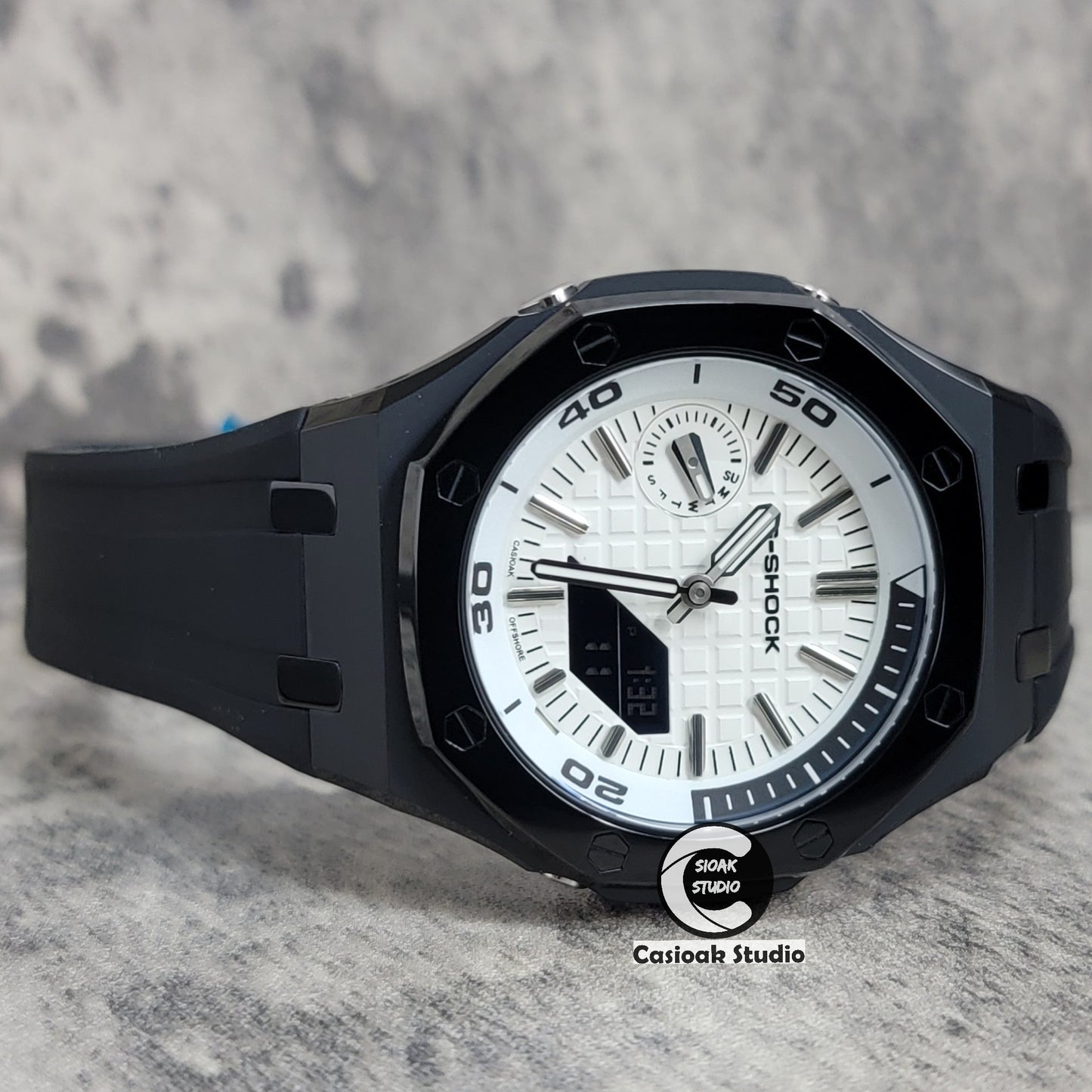Casioak Mod Watch NEW Polished Black Case Black Strap Silver Time Mark White Dial 44mm Sapphire Glass - Casioak Studio