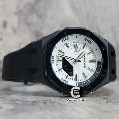 Casioak Mod Watch NEW Polished Black Case Black Strap Silver Time Mark White Dial 44mm Sapphire Glass - Casioak Studio