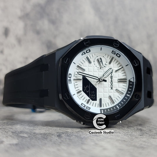 Casioak Mod Watch NEW Polished Black Case Black Strap Silver Time Mark White Dial 44mm Sapphire Glass