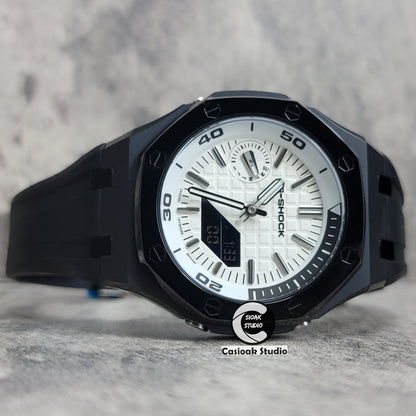 Casioak Mod Watch NEW Polished Black Case Black Strap Silver Time Mark White Dial 44mm Sapphire Glass - Casioak Studio
