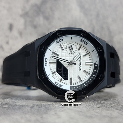 Casioak Mod Watch NEW Polished Black Case Black Strap Silver Time Mark White Dial 44mm Sapphire Glass - Casioak Studio