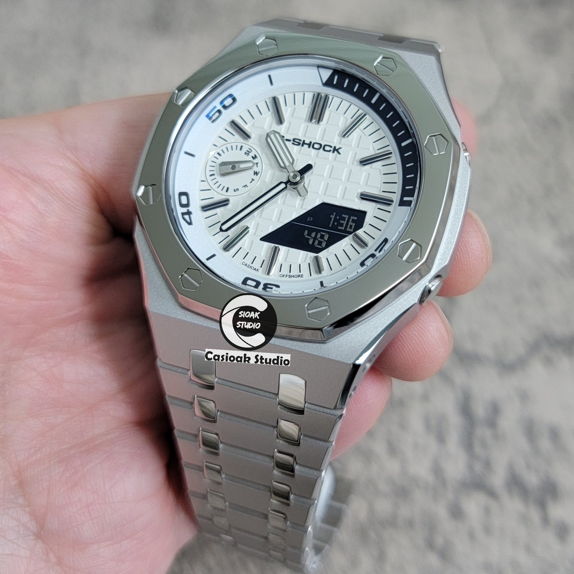 Casioak Mod Watch New Polished Silver Case Metal Strap Silver Time Mark White Dial 44mm Sapphire Glass - Casioak Studio