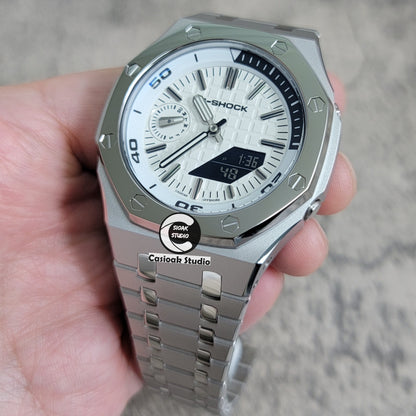 Casioak Mod Watch New Polished Silver Case Metal Strap Silver Time Mark White Dial 44mm Sapphire Glass - Casioak Studio
