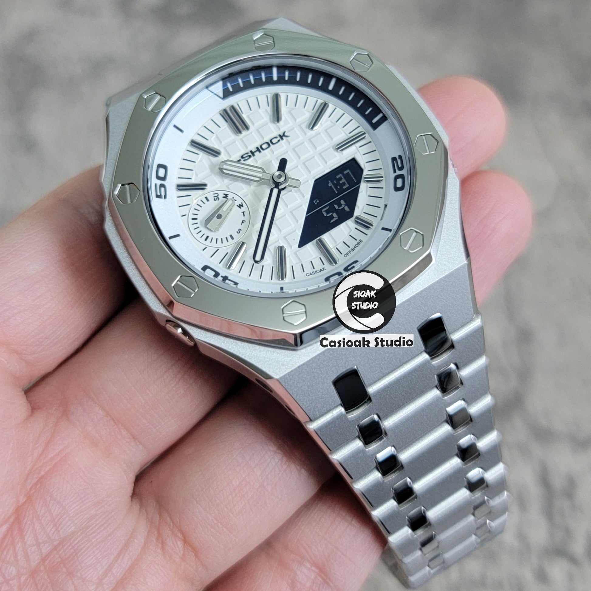 Casioak Mod Watch New Polished Silver Case Metal Strap Silver Time Mark White Dial 44mm Sapphire Glass - Casioak Studio