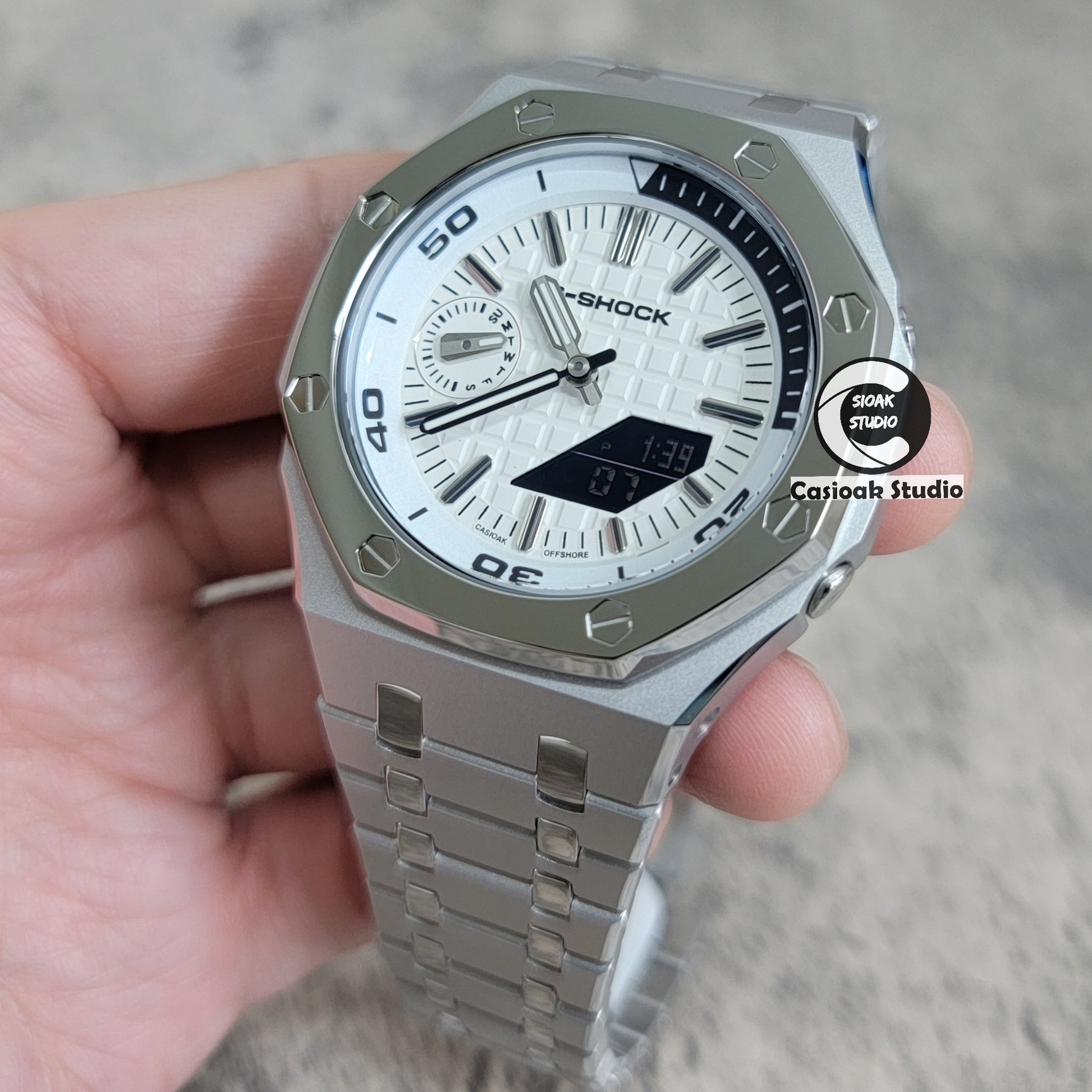 Casioak Mod Watch New Polished Silver Case Metal Strap Silver Time Mark White Dial 44mm Sapphire Glass - Casioak Studio