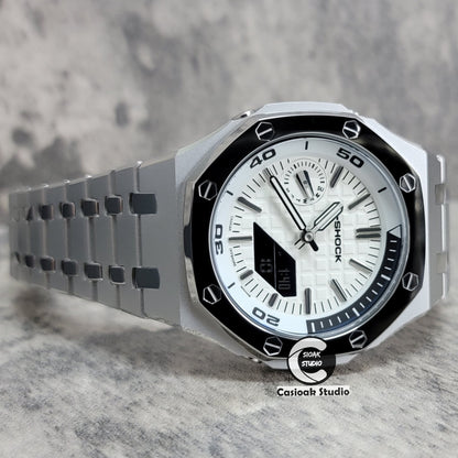 Casioak Mod Watch New Polished Silver Case Metal Strap Silver Time Mark White Dial 44mm Sapphire Glass - Casioak Studio