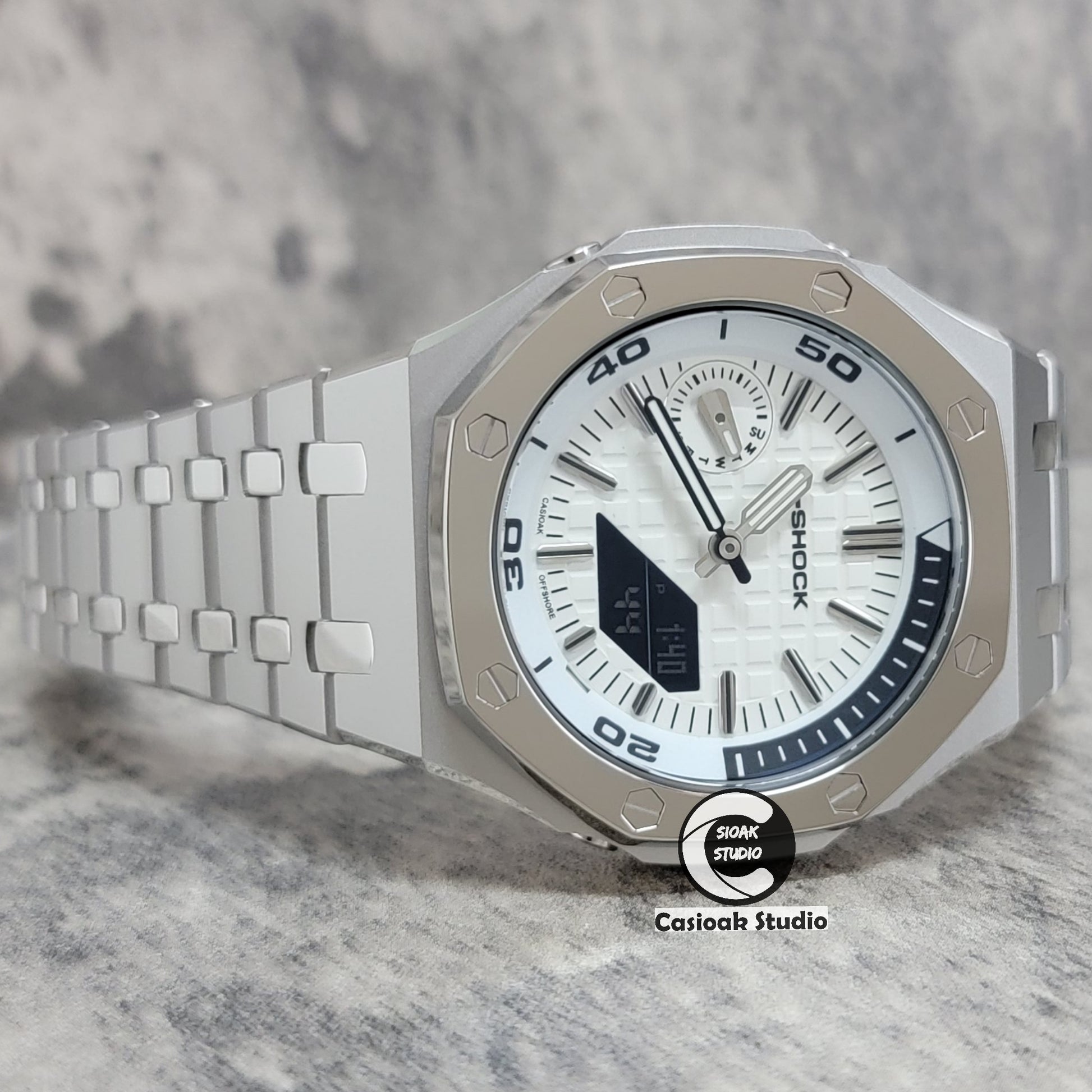 Casioak Mod Watch New Polished Silver Case Metal Strap Silver Time Mark White Dial 44mm Sapphire Glass - Casioak Studio