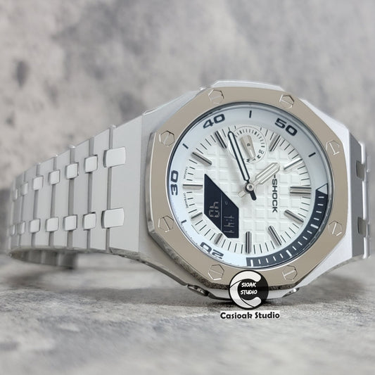 Casioak Mod Watch New Polished Silver Case Metal Strap Silver Time Mark White Dial 44mm Sapphire Glass