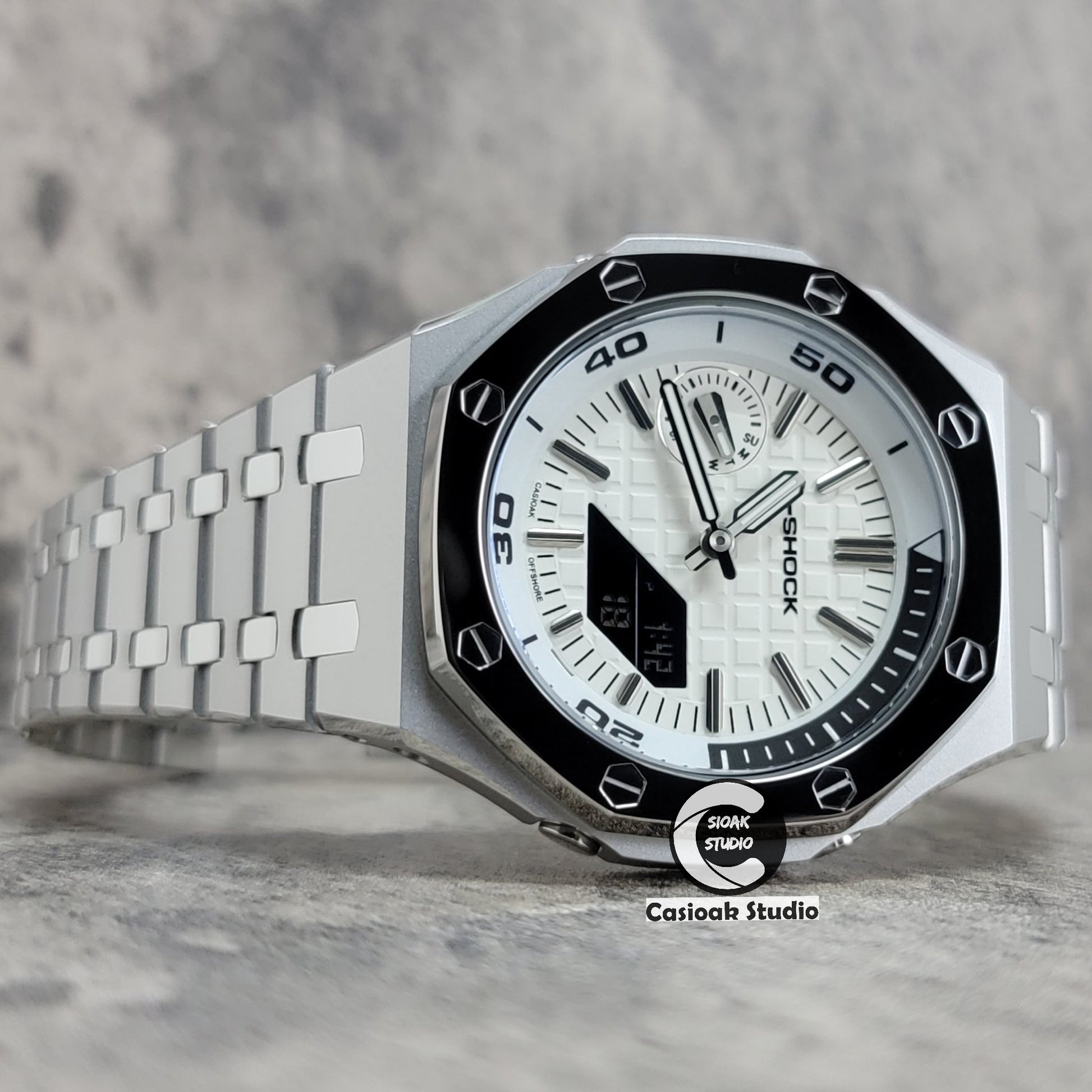 Casioak Mod Watch New Polished Silver Case Metal Strap Silver Time Mark White Dial 44mm Sapphire Glass - Casioak Studio