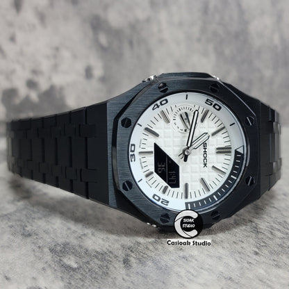 Casioak Mod Watch NEW Black Case Metal Strap Silver Time Mark White Dial 44mm Sapphire Glass - Casioak Studio