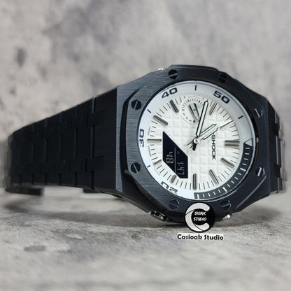 Casioak Mod Watch NEW Black Case Metal Strap Silver Time Mark White Dial 44mm Sapphire Glass - Casioak Studio