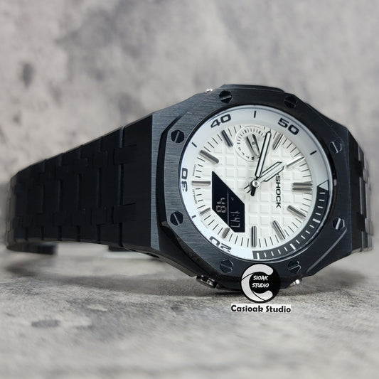 Casioak Mod Watch NEW Black Case Metal Strap Silver Time Mark White Dial 44mm Sapphire Glass