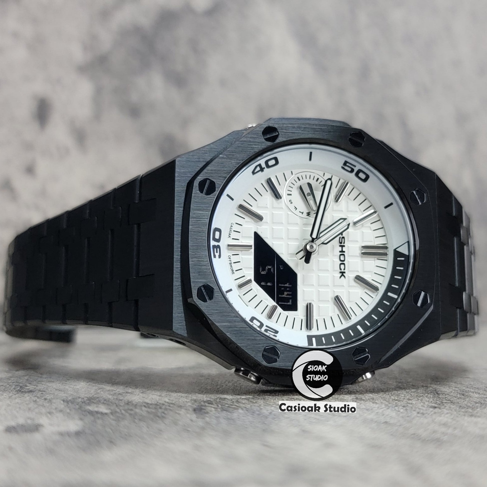 Casioak Mod Watch NEW Black Case Metal Strap Silver Time Mark White Dial 44mm Sapphire Glass - Casioak Studio