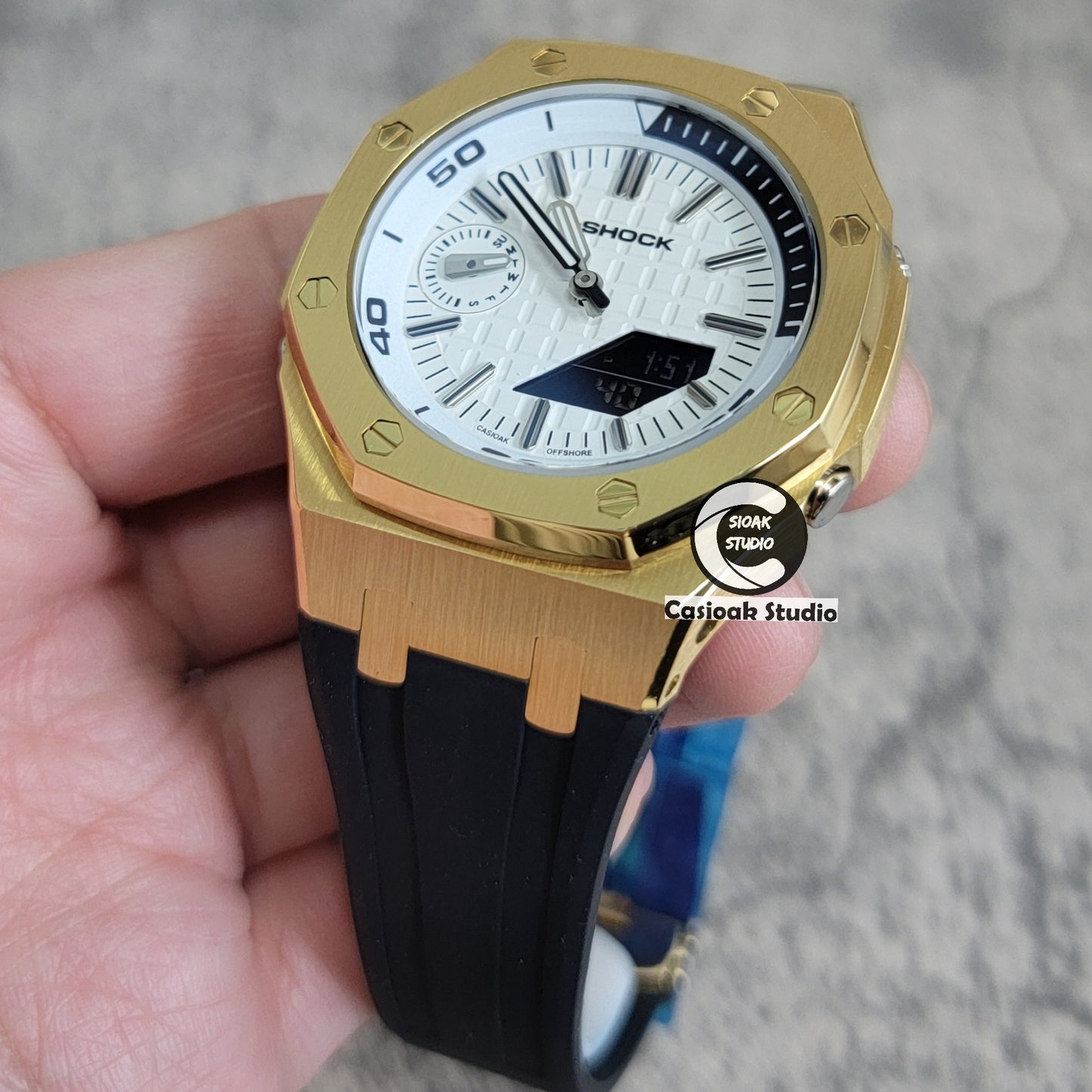 Casioak Mod Watch New Gold Case Black Rubber Strap Silver Time Mark White Dial 44mm Blue Sapphire Glass - Casioak Studio