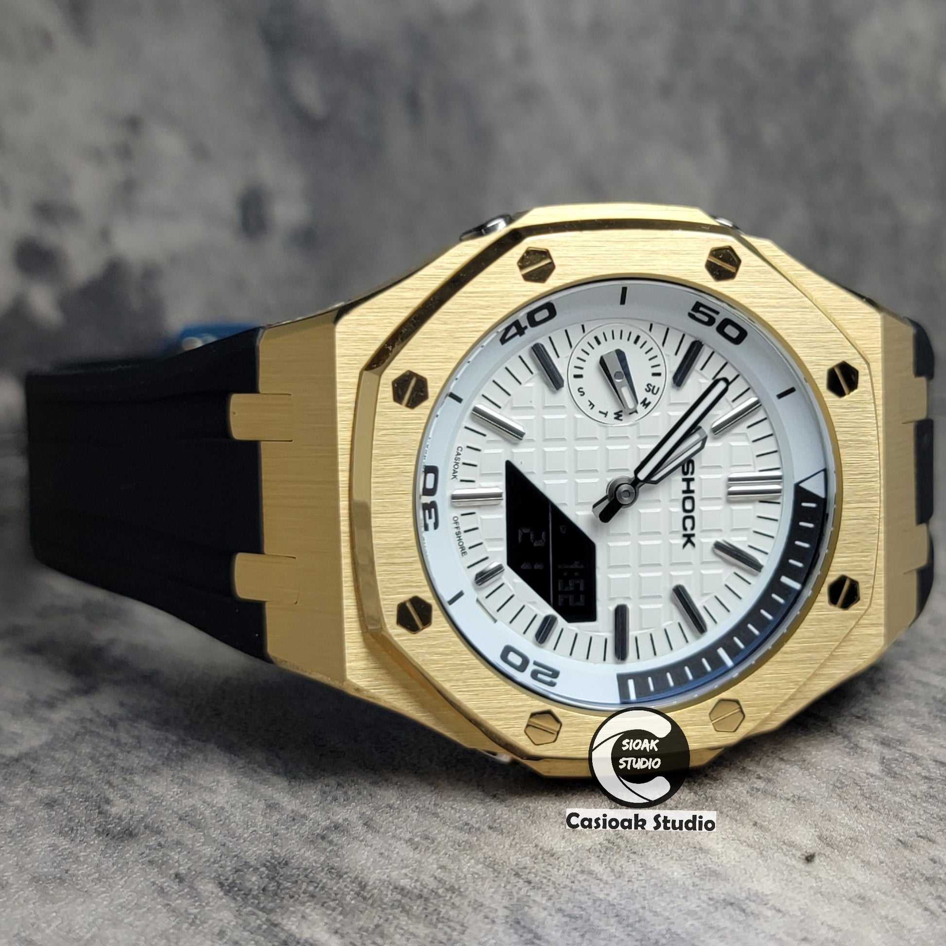 Casioak Mod Watch New Gold Case Black Rubber Strap Silver Time Mark White Dial 44mm Blue Sapphire Glass - Casioak Studio