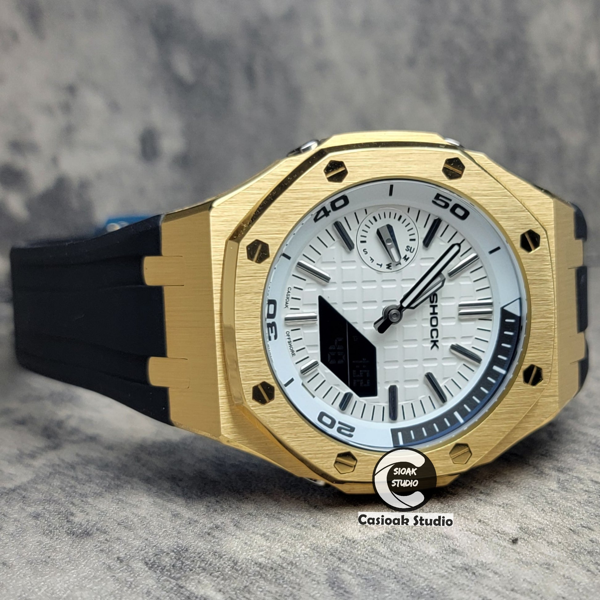 Casioak Mod Watch New Gold Case Black Rubber Strap Silver Time Mark White Dial 44mm Blue Sapphire Glass - Casioak Studio