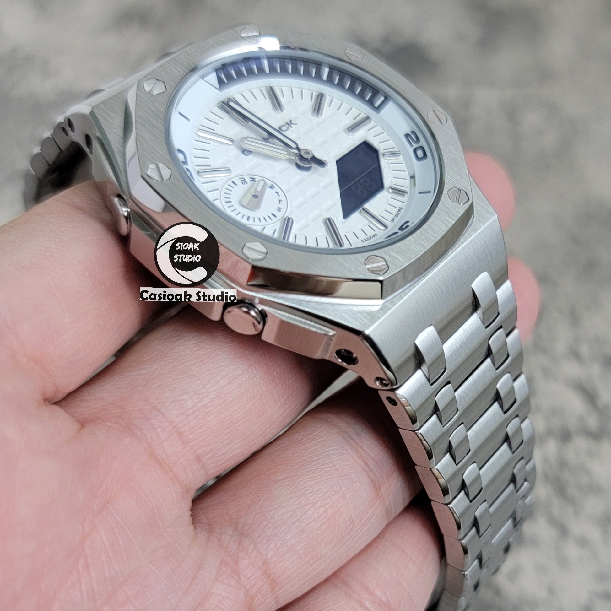 Casioak Mod Watch NEW Offshore Superior Silver Case Metal Strap Silver Time Mark White Dial 44mm Sapphire Crystal Sapphire Glass - Casioak Studio
