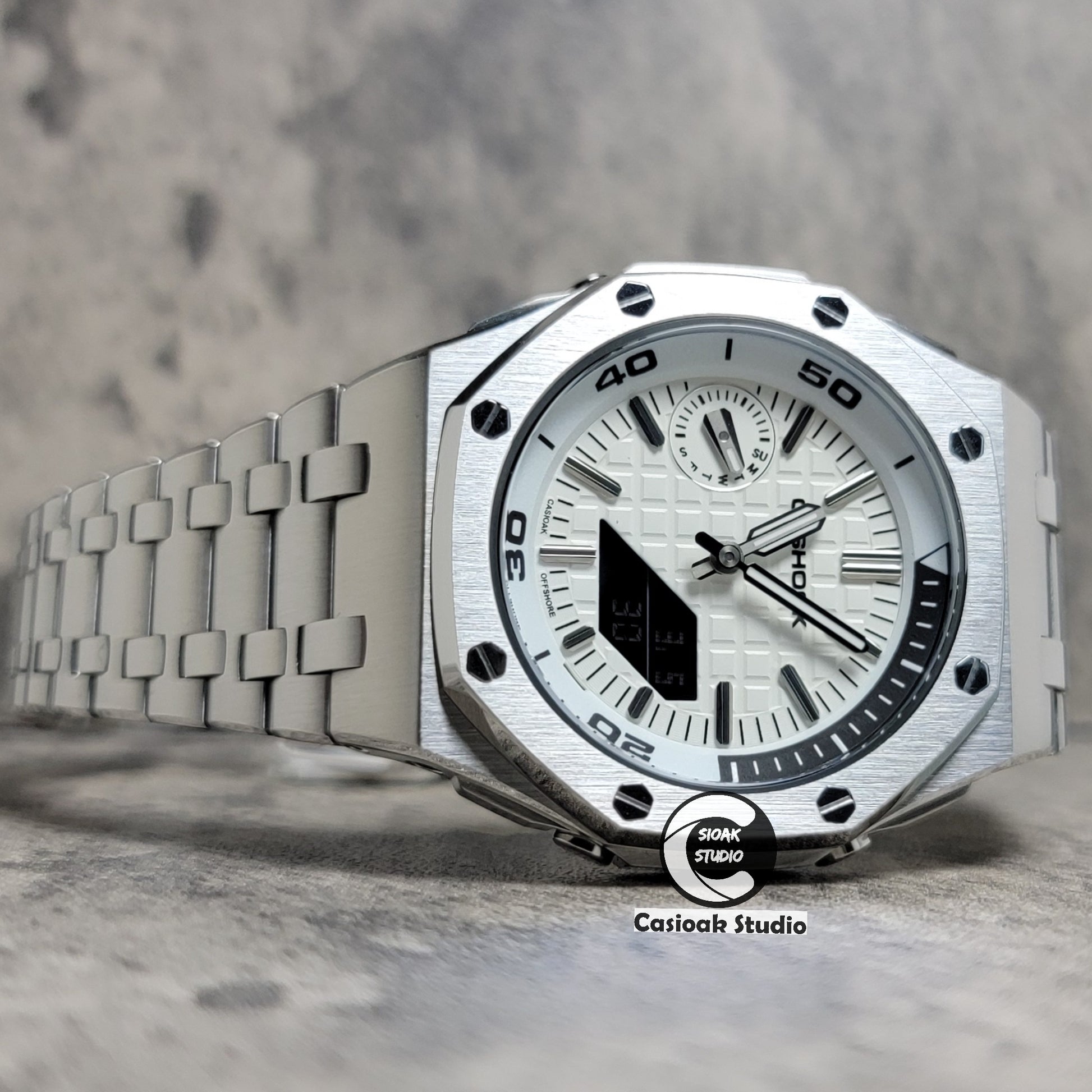 Casioak Mod Watch NEW Offshore Superior Silver Case Metal Strap Silver Time Mark White Dial 44mm Sapphire Crystal Sapphire Glass - Casioak Studio