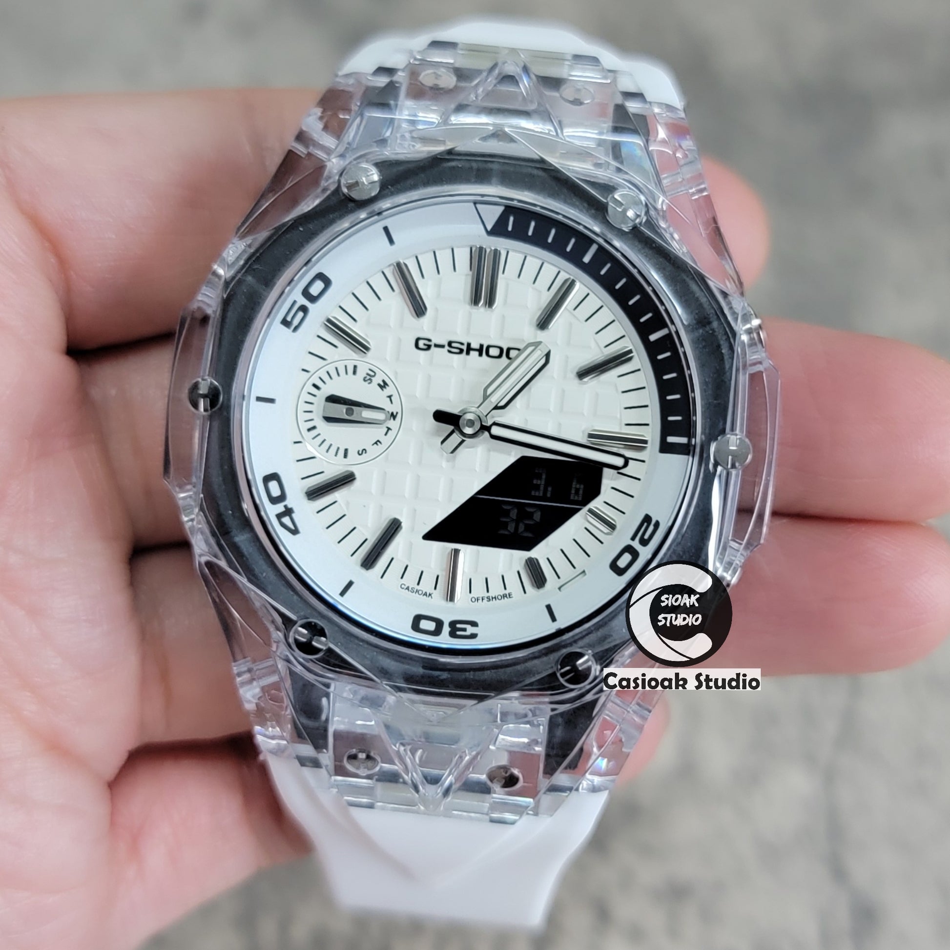 Casioak Mod Watch NEW Transparent Case White Strap Silver Time Mark White Dial 44mm - Casioak Studio